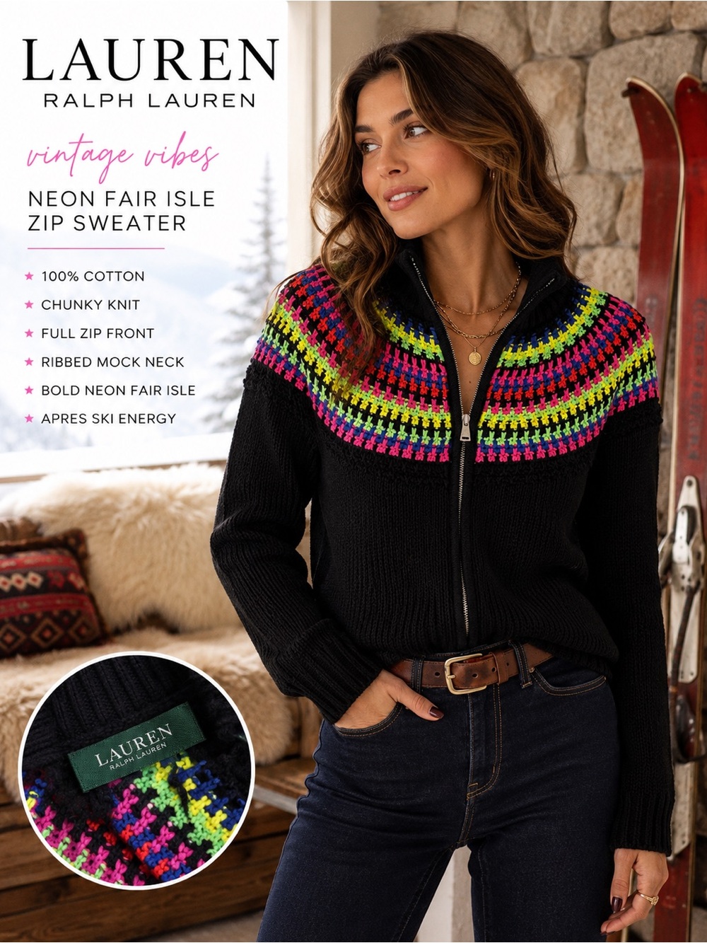 Lauren Ralph Lauren Neon Fair Isle Zip Sweater Black Cotton Y2K Apres Ski Cardig